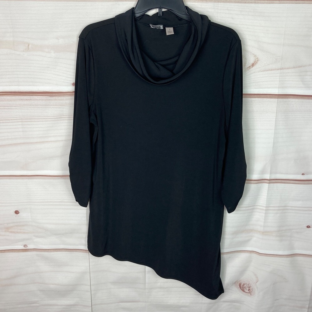 Chicos Top Womens 1 M Black Easywear Tunic Turtleneck 3/4 Sleeve Asymmetrical